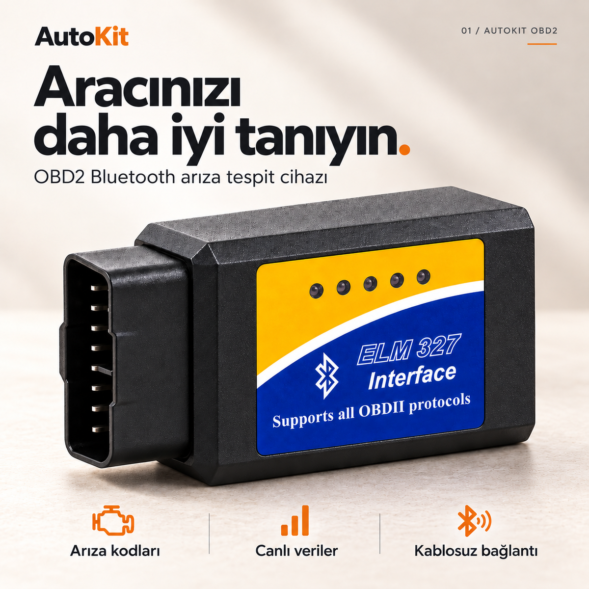 AutoKit — Aracınızı daha iyi tanıyın. OBD2 Bluetooth arıza tespit cihazı; arıza kodları, canlı veriler, kablosuz bağlantı.