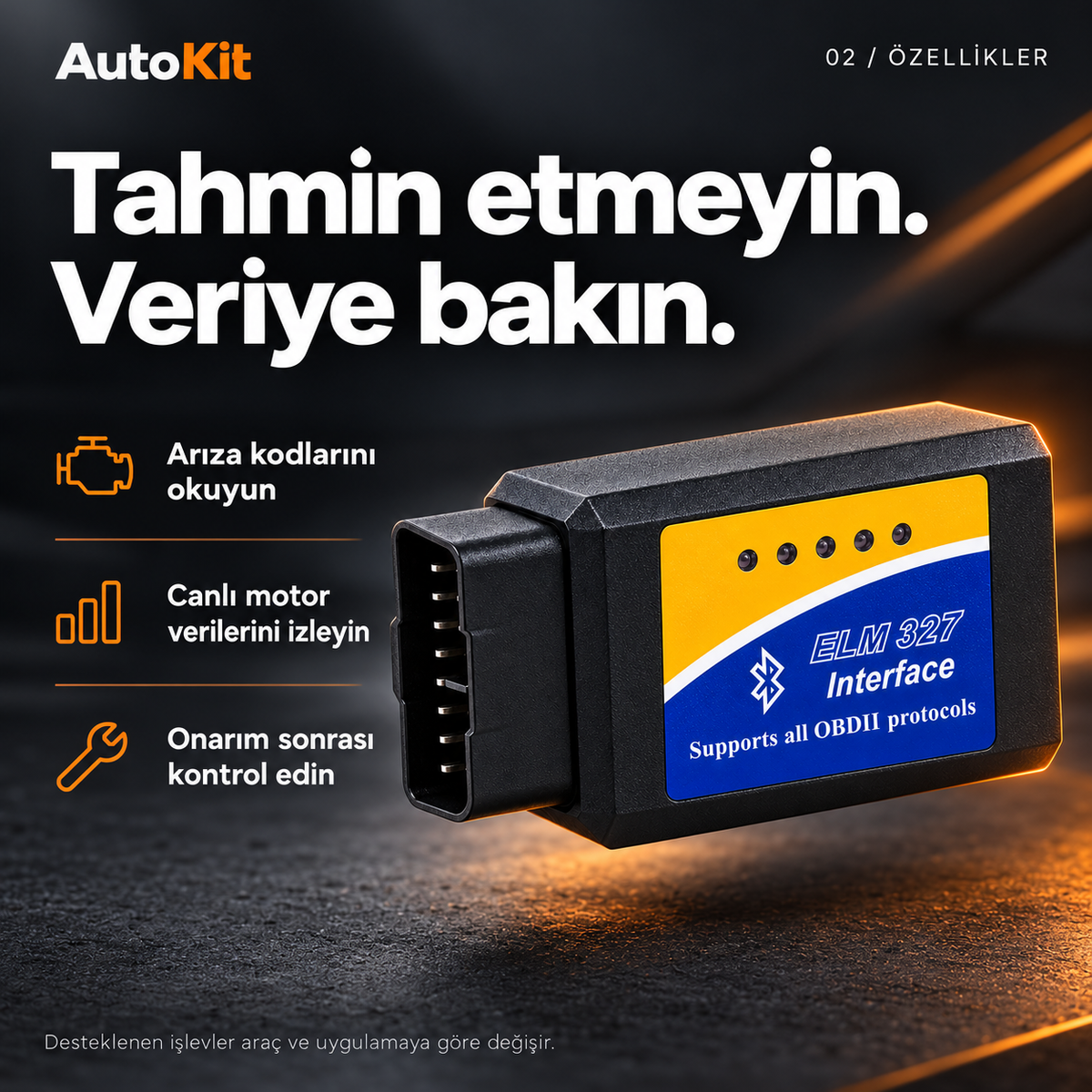 AutoKit — Tahmin etmeyin, veriye bakın. Arıza kodlarını okuyun, canlı motor verilerini izleyin, onarım sonrası kontrol edin.