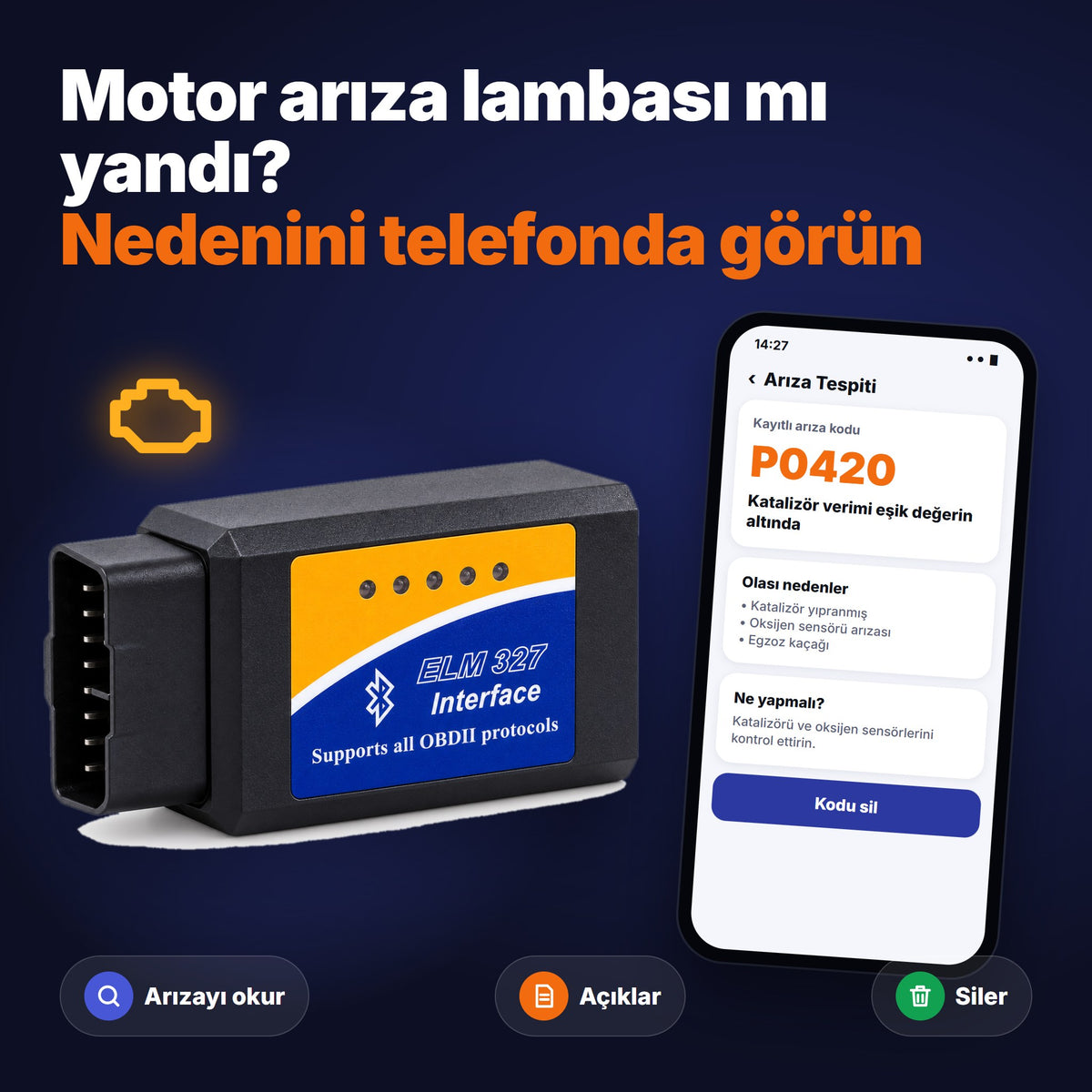Motor arıza lambasının nedenini telefonda gösteren OBD2 adaptör