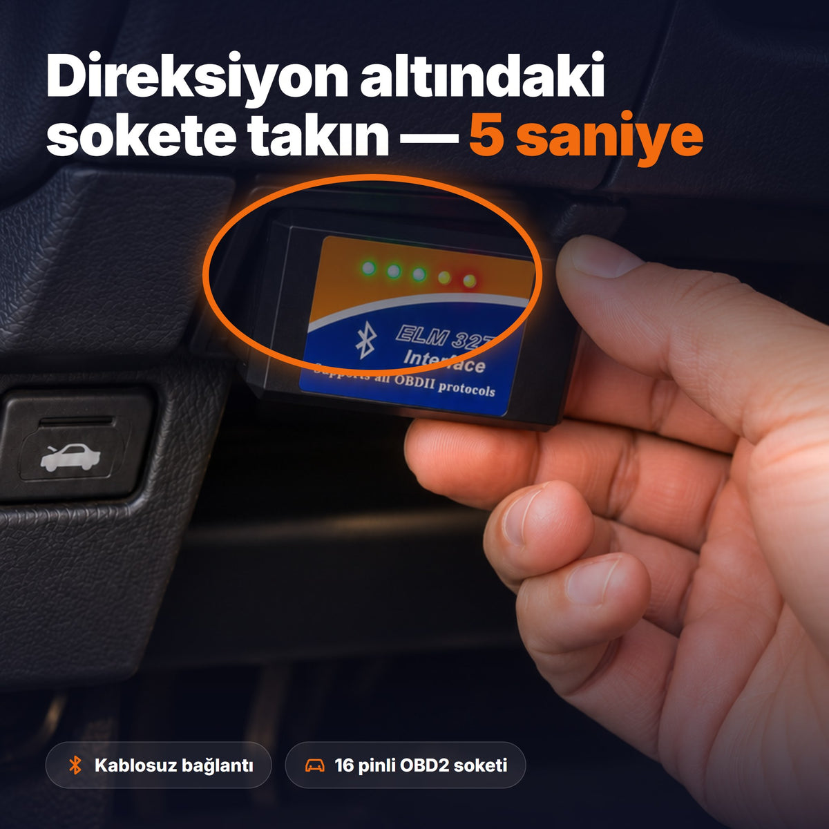 Direksiyon altındaki OBD2 soketine takılmış adaptör